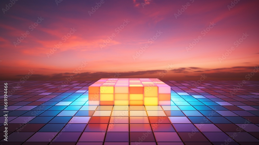 Poster mosaic podium gleaming with a radiant gradient, transitioning from dawn to dusk hues.