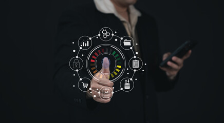 Businessman scanning his finger to login to customer service management , operation bigdata and business process strategy or Digital management transformation , smart industry and cloud computing.
