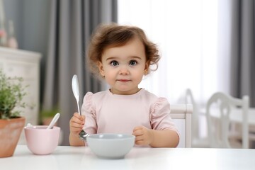 Baby girl eating blend mashed food, hand with spoon for vegetable lunch, baby weaning.