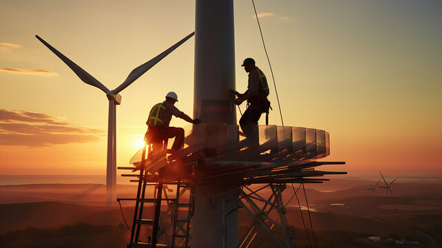 A group of men working on a wind turbine, renewable energies