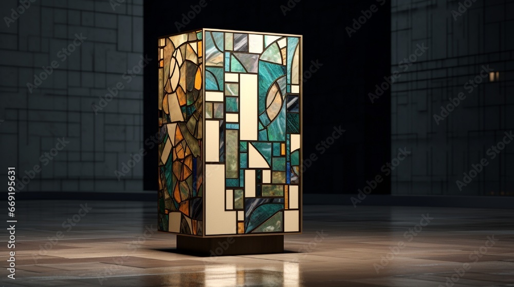 Poster mosaic podium with an avant-garde design, boasting a mesmerizing blend of cubist patterns.