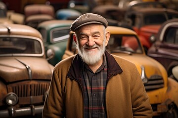 Joyful older man, with a heartfelt smile, surrounded by vintage cars.