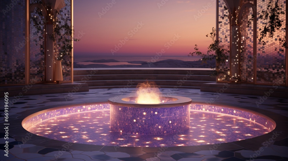 Poster mosaic podium with an ethereal glow, tiles imbued with a soft luminescence in twilight shades.