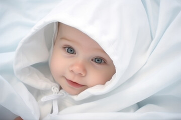 A infant baby girl serenely reclines on a white fabric blanket, bathed in gentle light, exuding an air of happiness and serenity.