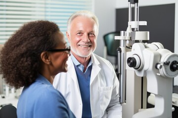 Optometrist performing an eye exam on a senior patient.