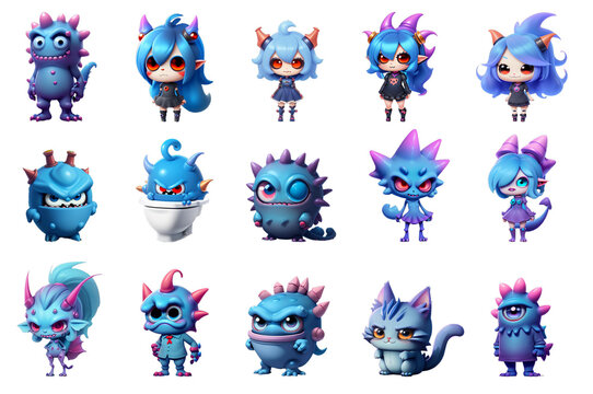 Set of 15 cute cartoon dungeon monsters characters on transparent background. Game ready asset.