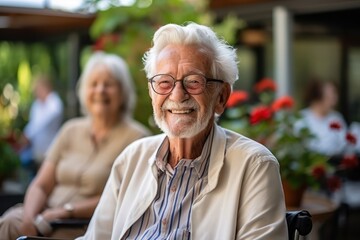 Happy elderly man, smiling sitting outdoors in the retirement home garden
