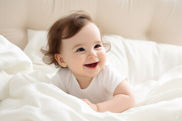 A portrait of an angelic pure kid in the white outfits with a big smile on a face shot in indoor lights on white background. Generative AI.