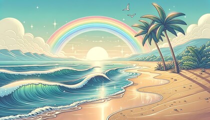 Fototapeta na wymiar Tranquil Beach Scene with Gentle Waves and Distant Rainbow