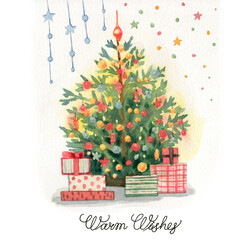 Watercolor christmas card with cozy home, dog santa on the sledge, christmas tree, christmas socks. Can be use as christmas card, invitation, label, tag, greeting card, christmas illustration.