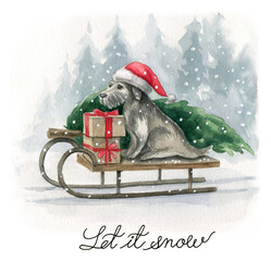 Watercolor christmas card with dog santa on the sledge in red hat, christmas tree. Can be use as christmas card, invitation, label, tag, greeting card, christmas illustration.