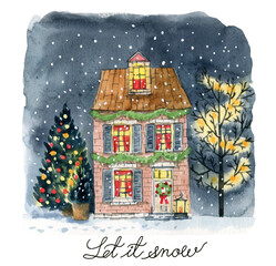 Watercolor christmas card with cozy home, christmas tree. Can be use as christmas card, invitation, label, tag, greeting card, christmas illustration.