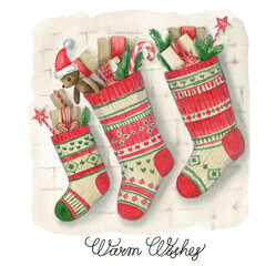 Watercolor christmas card with cozy home, christmas socks. Can be use as christmas card, invitation, label, tag, greeting card, christmas illustration.