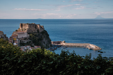 Italian town Scilla over the mediterranean sea