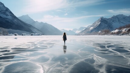 Woman walking in a frozen lake surrounded by mountains . In a early morning