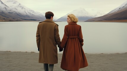 1970´s couple holding hands in winter looking at a lake 