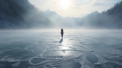 Woman walking in a frozen lake surrounded by mountains and mist