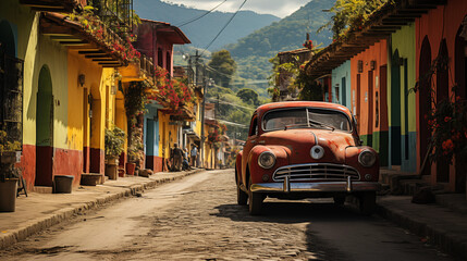 Old car in Colombia street - obrazy, fototapety, plakaty