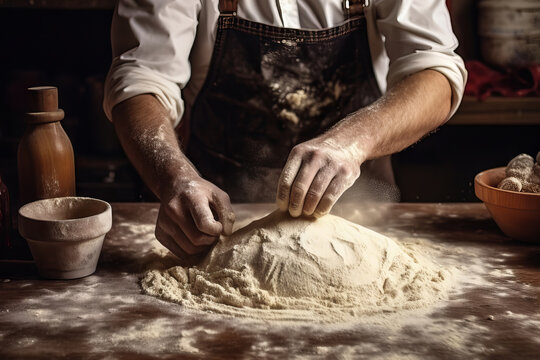 Hands of baker kneeding dough