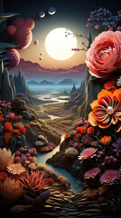 Fototapeta na wymiar Twilight Tranquility: A Fantasy Coastal Sunset,scene with plants,landscape with flowers