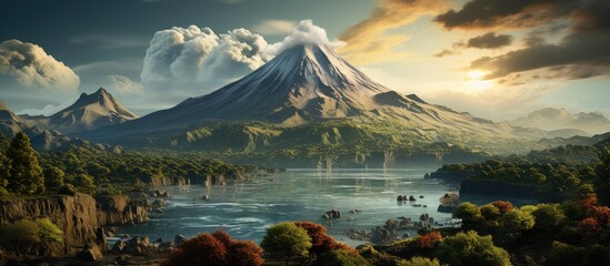 Naklejka premium Rays of morning sunlight on the volcano island mountain landscape. golden sunrise moment