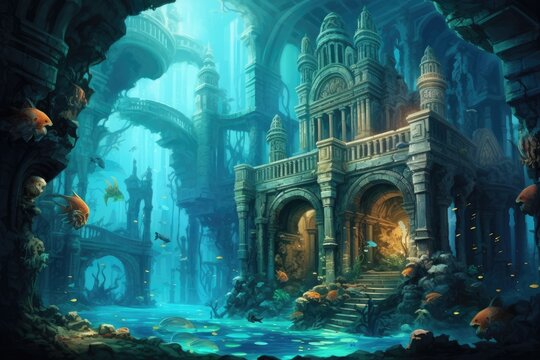 Underwater city with ancient ruins and sea creatures