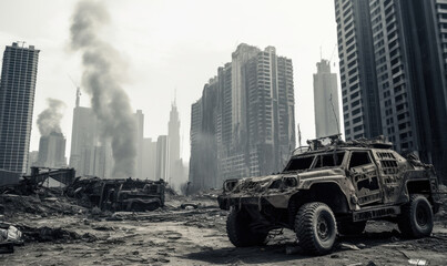 Fototapeta na wymiar Burnt-out military vehicle.