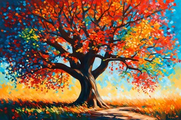 Oil painting landscape, colorful abstract tree. Hand Painted Impressionist - obrazy, fototapety, plakaty