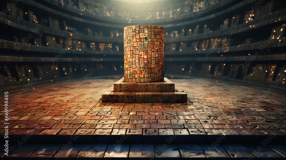 Poster podium covered in mosaic tiles featuring a cryptic code or script, waiting to be deciphered.