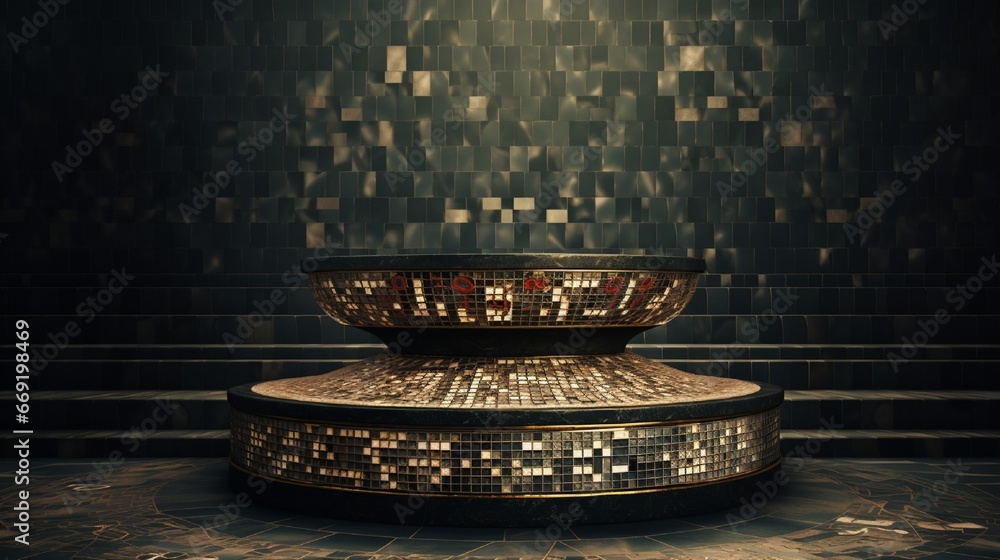Poster podium covered in mosaic tiles featuring a cryptic code or script, waiting to be deciphered.