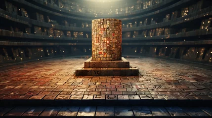  Podium covered in mosaic tiles featuring a cryptic code or script, waiting to be deciphered. © AI Artistry Atelier