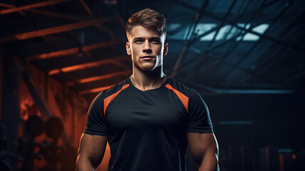 Fototapeta na wymiar Portrait Of Happy Young Sporty Guy Posing At Gym Interior, Handsome Middle Male Athlete . Ready For Training.Copy Space. advertising Modern Sport Club. ai