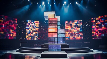 Podium covered in mosaic tiles that appear to be tiny LED screens, each displaying ever-changing colors.