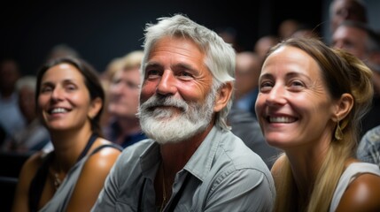 Happy diverse people laugh while sitting on chairs in a conference room and watching a scientific report.