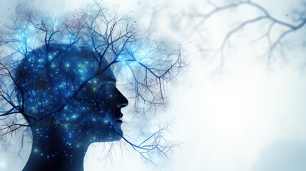 Abstract illustration of the work of the brain, which turns into a tree. Double exposure. The concept of psychotherapy, rehabilitation and recovery after alcohol addiction or depression