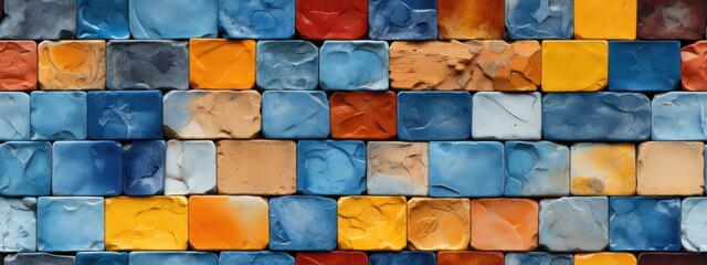 Seamless patter with colorful wall made of painted tilesyellow, blue and red colors.