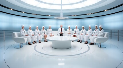 A group of people in business clothes sits in a semicircle at a round table against the background of a sci-fi interior