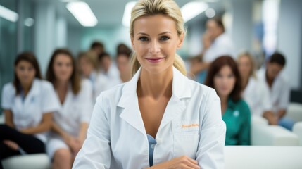 A happy smiling female doctor against the background of other doctors. Portrait of medical staff