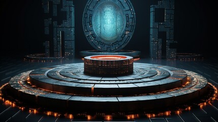 Podium decked in mosaic tiles designed to emulate the surface of an alien planet.