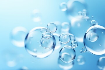 Close-up macro photo of water drops or oil bubbles on blue background. - obrazy, fototapety, plakaty