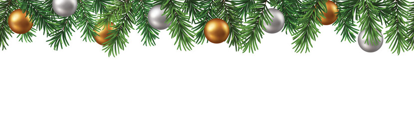 Christmas decorative border with branches and gold and silver baubles seamless pattern on transparent background - 669199821