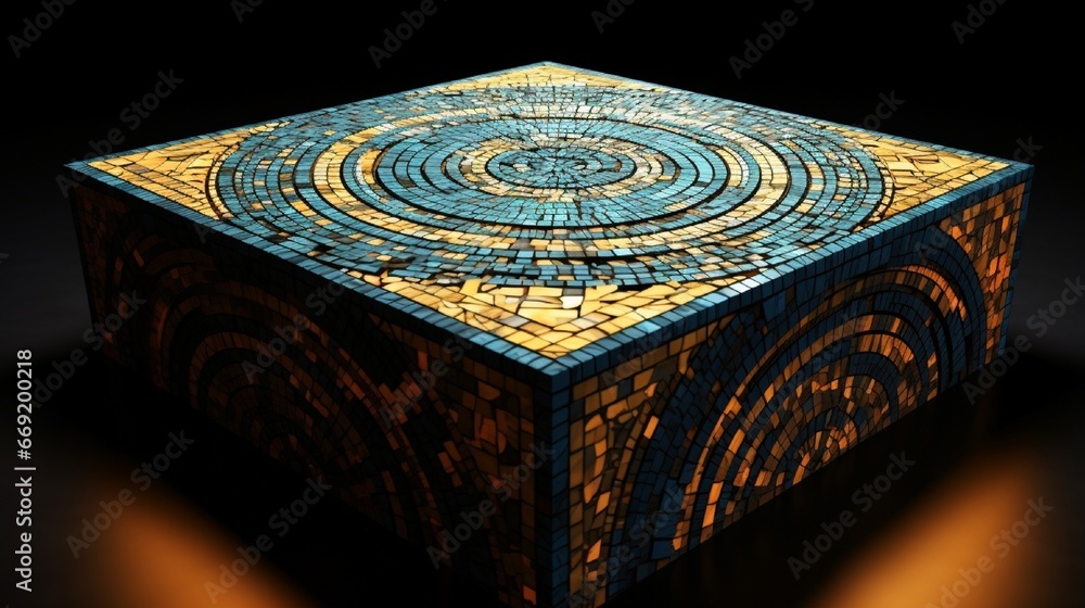 Poster podium festooned with fractal designs in mosaic tiles, showcasing a mesmerizing, recursive pattern.