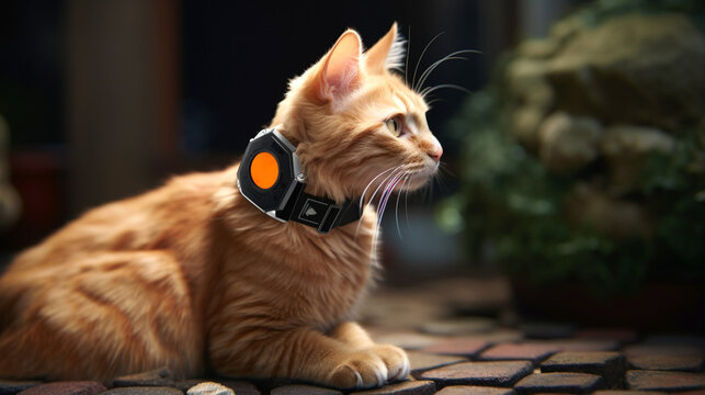 Pet Tracker during walk with an animal on the street. Banner.