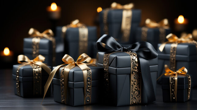 Elegant Black Gift Boxes Presentation. Generative AI