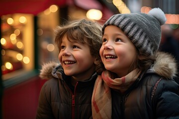 happy boy and girl look into a shop window at a Christmas market. New Year holidays concept,...