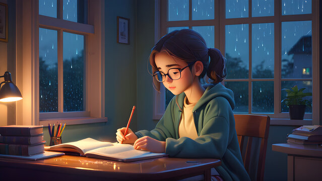 menina escreve à mesa em pôster de filme de chuva, no estilo de ilustrações oníricas, traçado vray, iluminação realista, ilustrações de livros infantis, núcleo quente