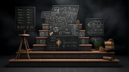 Podium with a chalkboard motif, mosaic tiles mimicking handwritten equations and graphs.