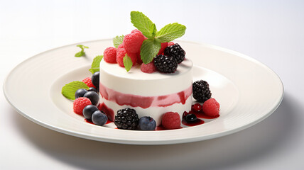 A cream dessert with berries on top