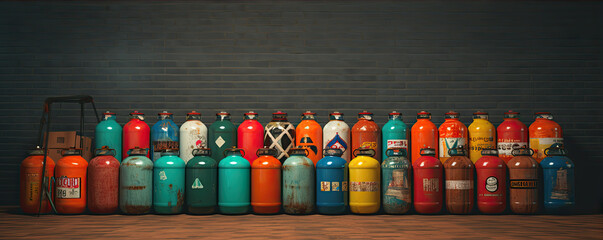 gas bottles in row at diverse colors. Lpg or Propane tanks filled with gass. - obrazy, fototapety, plakaty