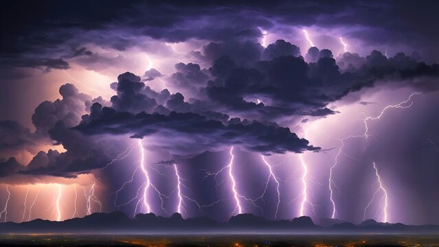 Big powerful storm with lightning in the sky. 4K - 8K - 12K TV. Generative AI.